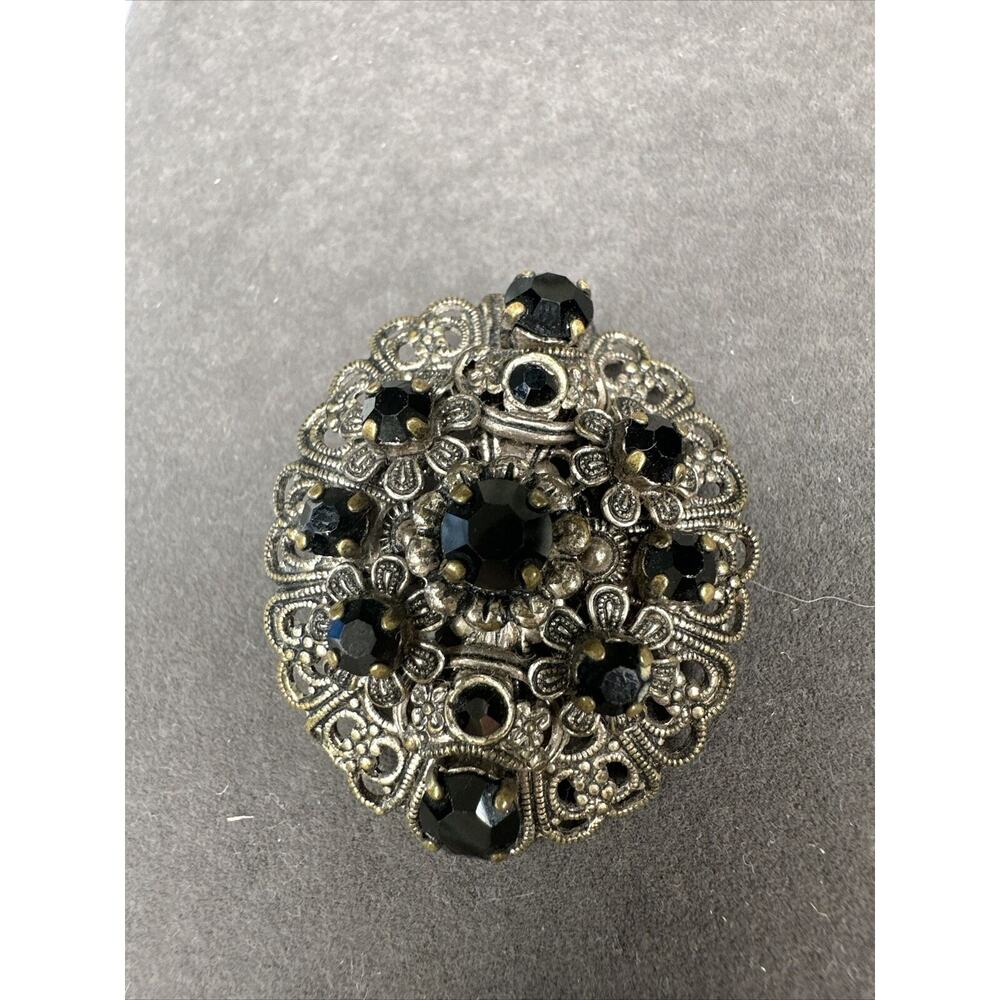 Vintage Estate Onyx Signed Germany Black silver Lace Brooch scarf Gem 1 1/2 inch